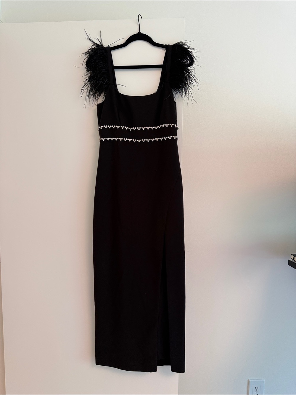 Likely Black Maxi Dress with Feather Straps and Crystals